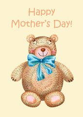 Mothers day greeting card. Watercolor 5x7 gift card with cute teddy bear toy with bow illustration on background for mothers day gift