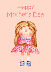 Mothers day greeting card. Watercolor 5x7 gift card with girl, doll, cute toy in pink dress illustration on background for mothers day gift
