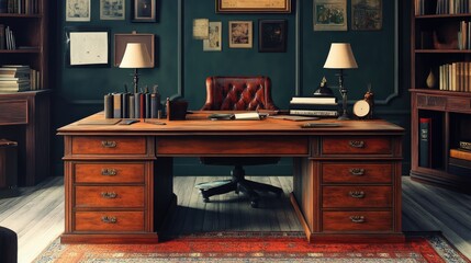 Fototapeta premium A vintage wooden writing desk with drawers in a classic study room.