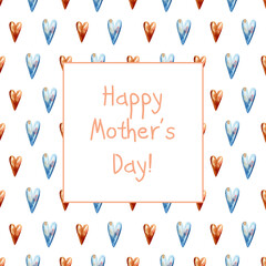 Mothers day greeting card. Watercolor square gift card with gold and blue hearts ornament for mothers day gift
