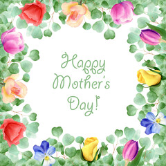 Mothers day greeting card. Watercolor square gift card with green eucalyptus leaves, pink tulips, yellow rose, blue pansies, red poppy flowers frame background illustration for mothers day gift