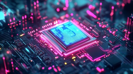 Fototapeta premium Futuristic close-up of a glowing AI microchip on a circuit board, representing artificial intelligence, machine learning, and the future of advanced digital computing.