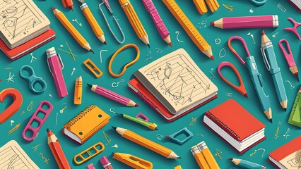 Colorful pencils, notebooks, stationery items arranged a teal background. Perfect back school promotions.