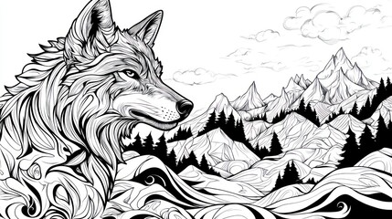 Majestic wolf overlooking mountain range; nature illustration, coloring book