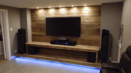 Fototapeta premium A wooden pallet entertainment center with mounted lighting.