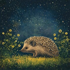Artistic illustration of a hedgehog walking through a field of wildflowers under a starry night sky, evoking a dreamlike atmosphere. Generative AI.