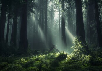 Obraz premium Sunlit Forest Lush Green Canopy and Mystical Atmosphere