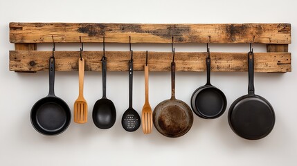 A wooden pallet hanging rack for kitchen utensils and pots.