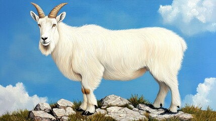 Obraz premium Majestic White Mountain Goat on Rocky Peak Under Blue Sky