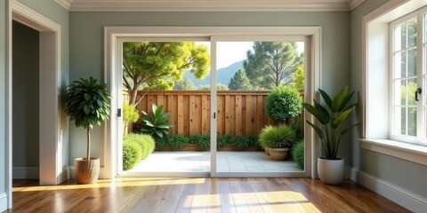 Sunlit Interior with Sliding Glass Doors Opening to a Private Courtyard Garden