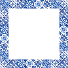 A Portuguese frame adorned with geometric and floral azulejo tile patterns watercolor