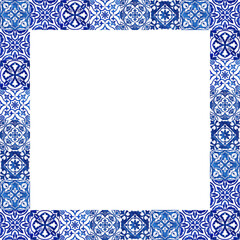 An azulejo frame with symmetrical patterns watercolor, evoking the charm of historic Portuguese streets.