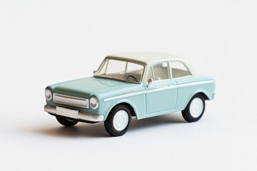 Obraz premium A small vintage blue and white toy car on a white surface