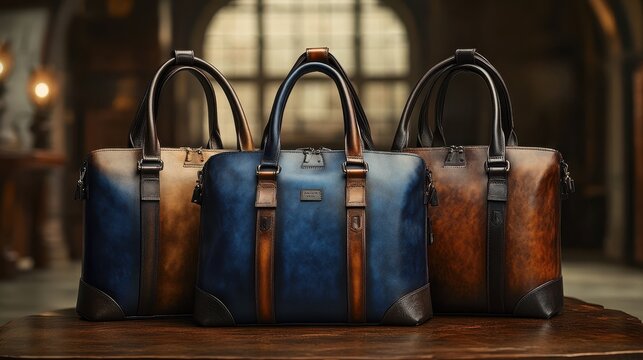 Sleek blue and brown leather bags, crafted with artistry and boasting both versatility for everyday wear and sophistication for professional settings, exude a timeless appeal.