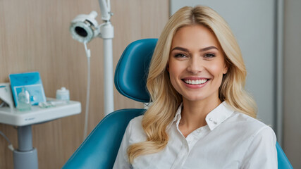 Fototapeta premium A smiling blond woman is sitting in a dentist's chair ready for her dental checkup.
