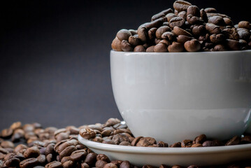 coffee in white cup and coffee beans are the background.
