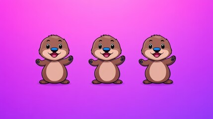 Obraz premium Three adorable cartoon otters wave happily, surrounded by a vibrant purple backdrop. Their playful expressions and cheerful postures add a sense of joy and liveliness