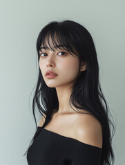 Fototapeta premium 美肌のロングヘアのクール系の美しい目の女性 かっこいい 媚びない表情