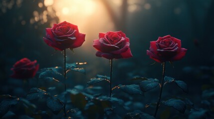 Crimson roses bloom in mystic garden at dawn