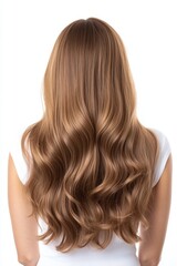 Fototapeta premium Long, wavy hair with a warm, golden hue flows down a woman's back. The smooth texture enhances the elegance, creating a stunning look against a plain backdrop