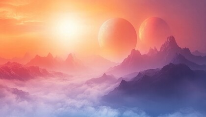 Fototapeta premium Surreal Landscape with Two Planets and Misty Mountains