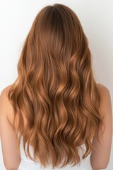 Fototapeta premium A person with long, wavy, brown hair stands with their back to the viewer, highlighting the texture and shine of the locks in a softly lit environment