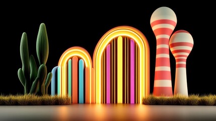 Neon Lit Multicolored Arches and Striped Towers with Cacti