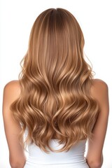 Fototapeta premium A woman displays her long, wavy, blonde hair cascading down her back against a neutral backdrop, highlighting its shine and healthy appearance, while emphasizing hairstyle elegance