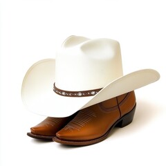 Off White Straw Cowboy Hat and Brown Leather Boots on White Background