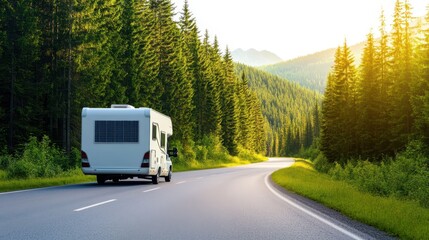 A recreational vehicle travels down a winding road surrounded by tall trees and lush greenery. The afternoon sun casts a warm glow on the landscape, creating a peaceful atmosphere