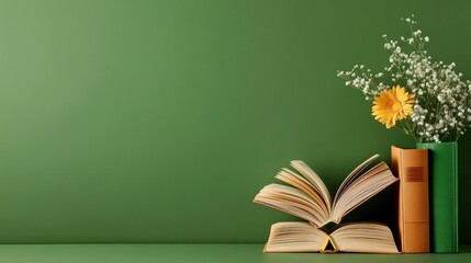 Open Book with Flowers on Green Background