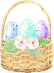 Watercolor easter basket with colorful eggs and flowers