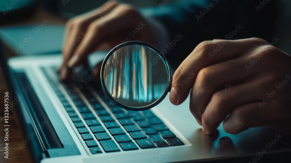 Poster hands holding magnifying glass above keyboard while examining data in a modern workspace setting dur