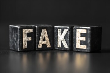 Obraz premium 3D Render of 'FAKE' on Black Matte Cubes with White Letters – Dark Elegant Background