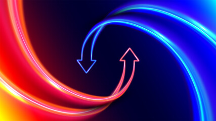 Circulation arrows in motion. Hot and cold. Futuristic 3D neon style. Two arrows go round. Exchange and money transfer.