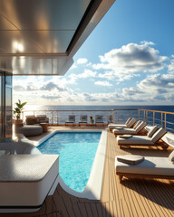 Fototapeta premium A luxury sea view swimming pool near the beach with comfortable deck chairs, modern style