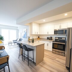 Sleek modern kitchen with dark cabinetry, minimalist design, and stainless steel appliances, showcasing contemporary home aesthetics. Generative AI.