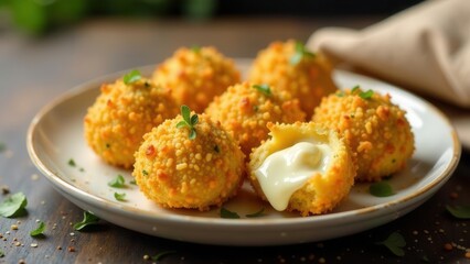 Golden-brown, crispy fried cheese balls, bursting with creamy melted filling, served on elegant plate, garnished with fresh herbs