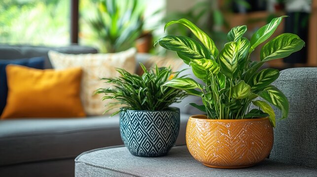 A symphony of verdant hues, where indoor plants in vibrant pots and intricate arrangements adorned a living room, adding a touch of life and purifying the air.
