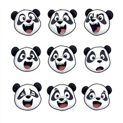 Fototapeta premium Various panda faces shown in different expressions demonstrate a range of emotions including happiness, surprise, and sadness. This playful design captivates with its charm and creativity
