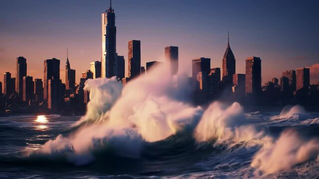 Dramatic waves crashing against Lake Michigan shore during sunset, Chicago skyline silhouette backdrop, Urban nature power meets cityscape, Storm surge concept