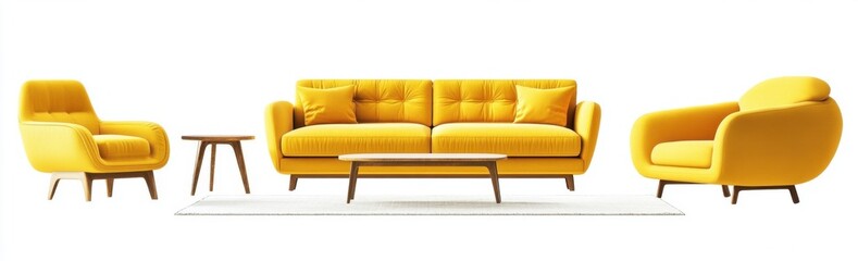 Fototapeta premium Vibrant Yellow Living Room Set with Wooden Coffee Table