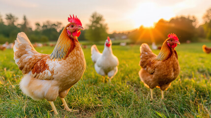 Fototapeta premium chicken farm, Chickens walking in a grassy field during sunset.