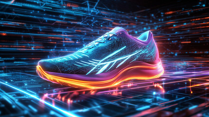 Futuristic neon-glowing running shoe in a cyberpunk style, symbolizing speed and modern technology.
