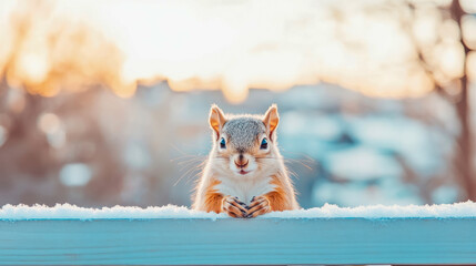 Obraz premium Winter Wildlife: A Curious Squirrel Peeks Over a Snow-Covered Fence on a Cold Morning