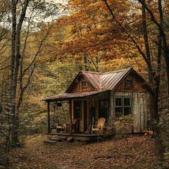 Rustic wooden cabin in a dense forest with glowing lanterns. Cozy retreat, off-grid living, nature escape, wilderness solitude, rustic charm. Generative AI.