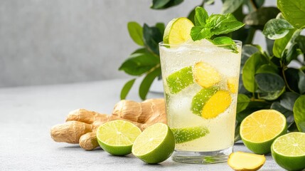 Fototapeta premium Refreshing ginger lime drink in a glass with ice, lime wedges, and mint leaves. Ginger root and limes are arranged around the glass.