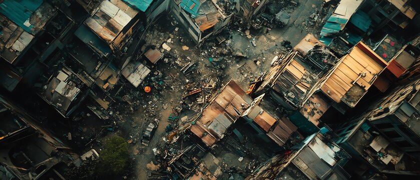 Aerial view of a densely populated, cluttered urban area.  Buildings are closely packed, streets are narrow, and the overall impression is one of density and complexity.