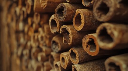 A harmonious display of aromatic cinnamon sticks, their rich brown hues and intricate, textured surfaces inviting culinary exploration.
