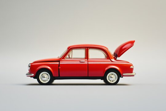 A shiny small red toy car with its open trunk lid